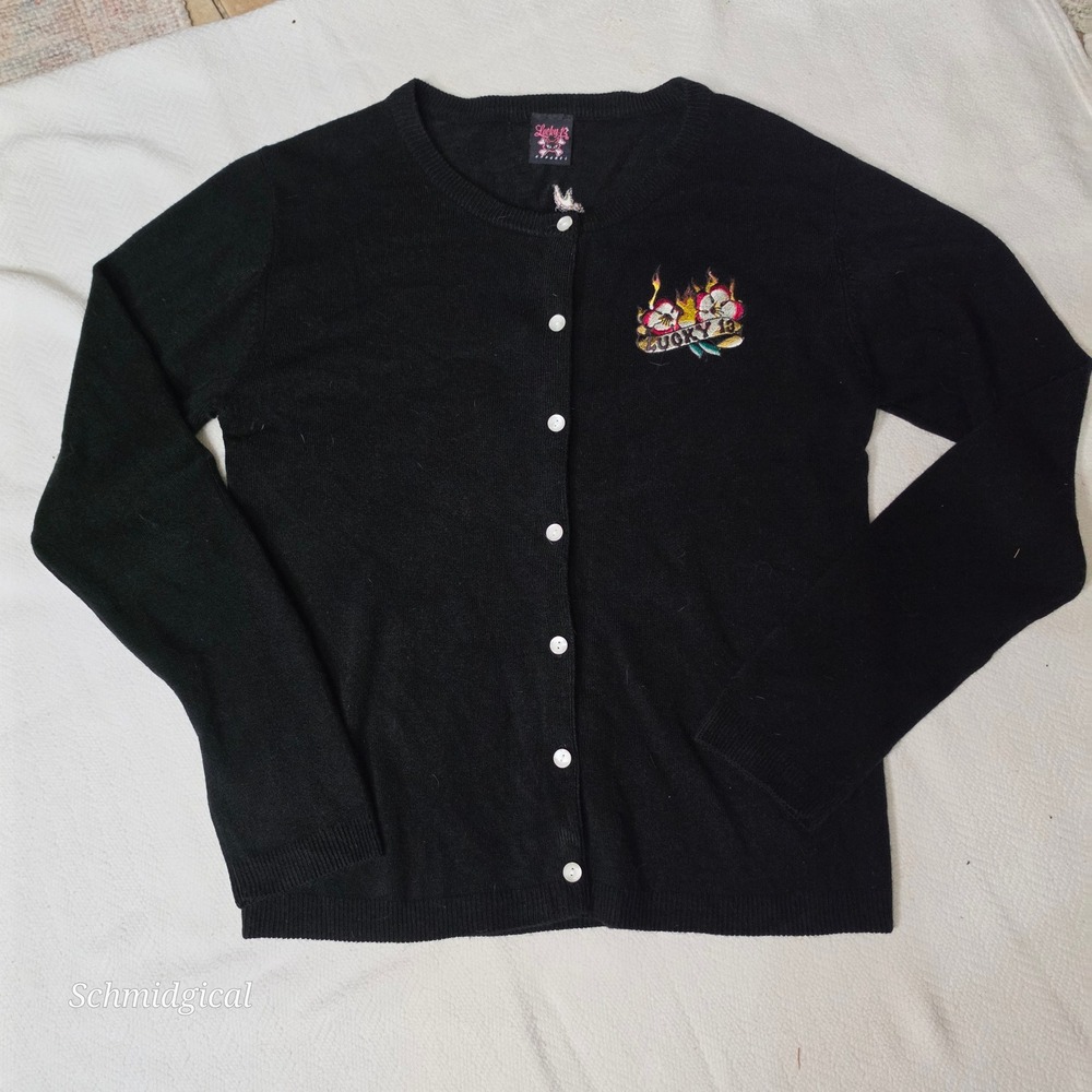 Lucky 13 Apparel Black Cardigan Pinup Hula Girl Embroidered Rockabilly XXL